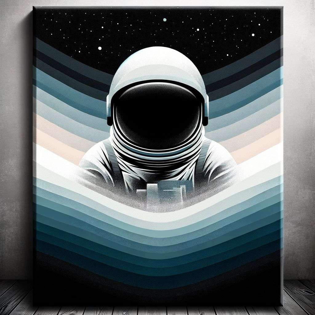 minimalist painting of an astronaut in black, white, grey and blue paint on canvas